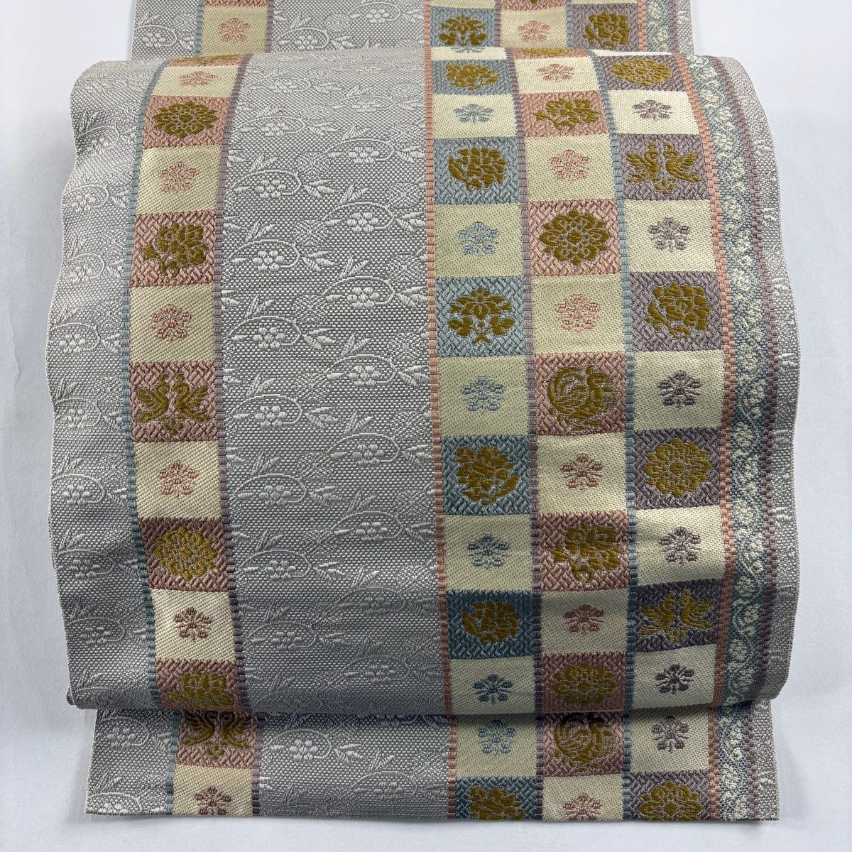 名古屋帯 八寸名古屋帯 松葉仕立て 市松 草花 灰茶 正絹