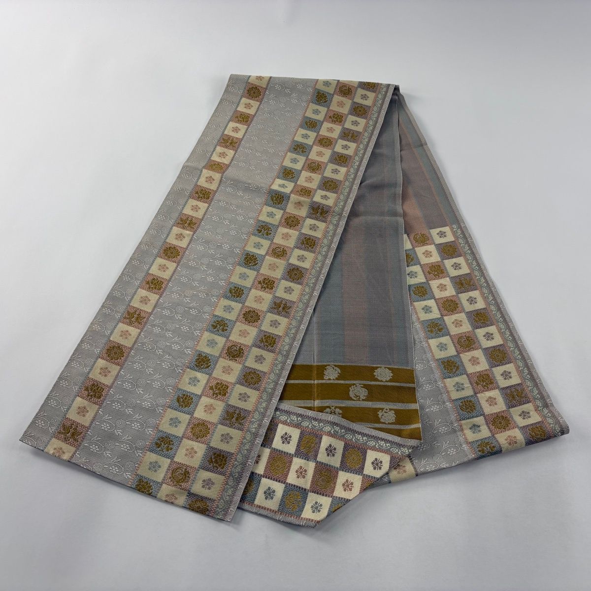  名古屋帯 八寸名古屋帯 松葉仕立て 市松 草花 灰茶 正絹 名古屋帯 帯