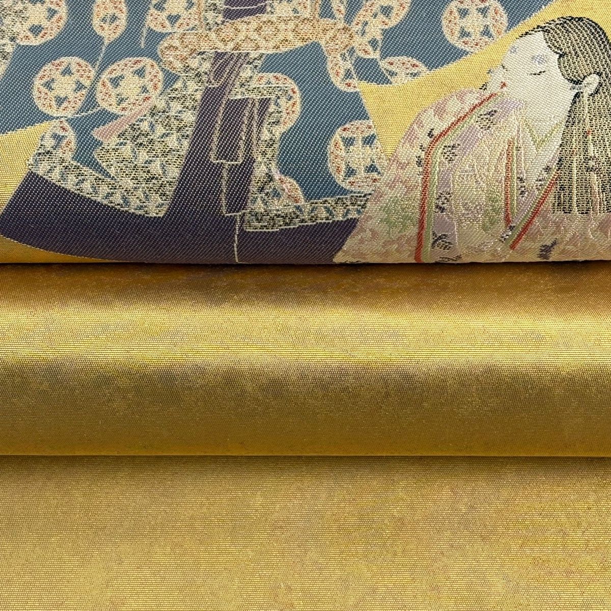 袋帯 逸品 長嶋成織物 落款 由水十久監修 関西仕立て 人物 箔 金色