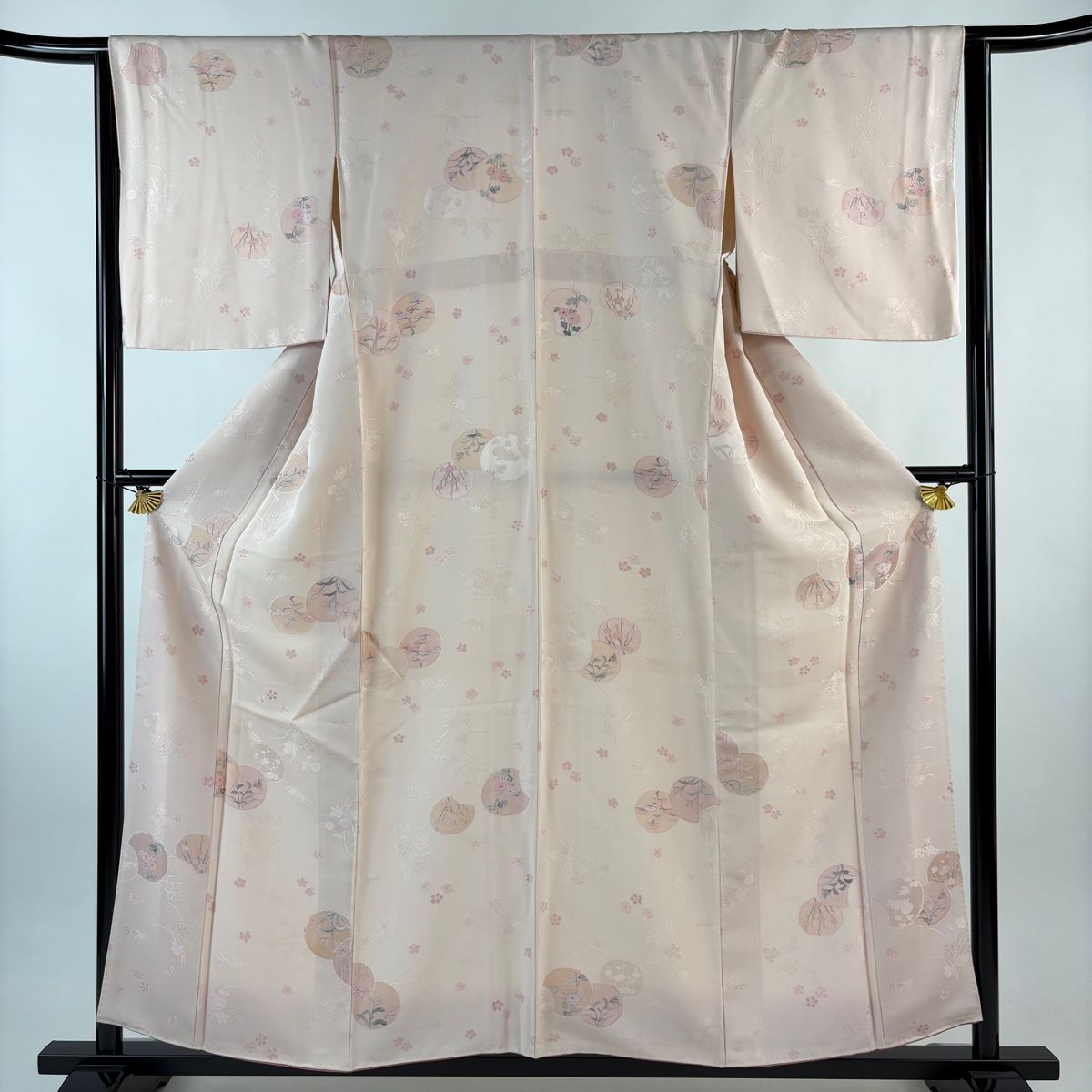 小紋 身丈158 cm 裄丈64 M 袷 松竹梅 菊 薄ピンク 正絹 秀品