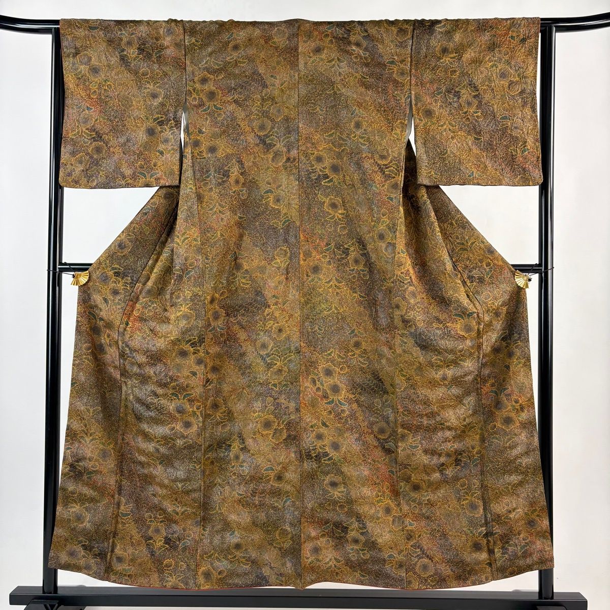 小紋 身丈154 5 cm 裄丈64 M 袷 草花 銀通し ぼかし 黄土色 正絹 秀品