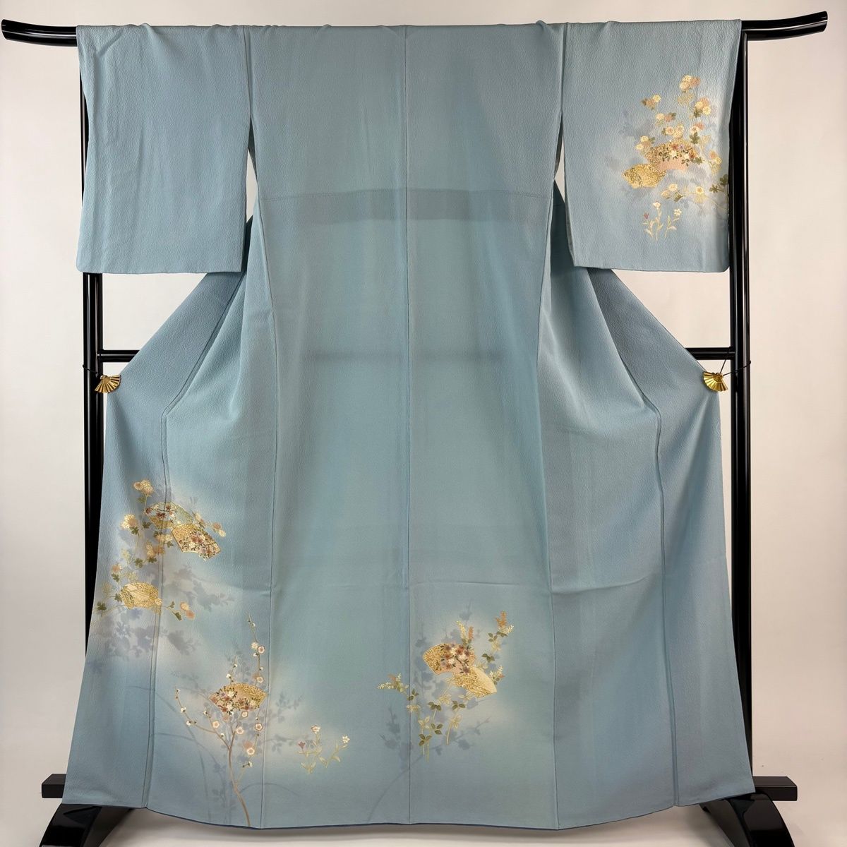 付下げ 身丈165cm 裄丈67.5cm L 袷 やまと 扇面 菊 金糸 金彩 水色