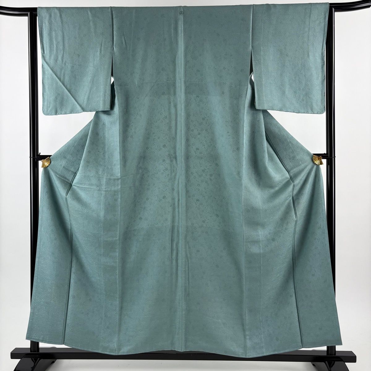 色無地 身丈157cm 裄丈63.5cm S 袷 地紋 灰緑 正絹 秀品 一つ紋 【中古