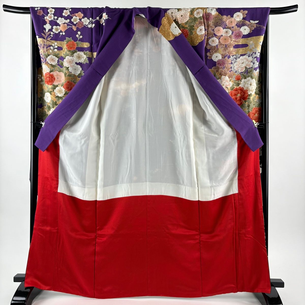 振袖 身丈166cm 裄丈67.5cm L 袷 牡丹 菊 金彩 染め分け 紫 正絹 秀