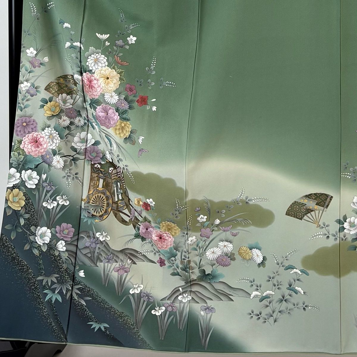 訪問着 身丈161.5cm 裄丈66.5cm M 袷 菊 御所車 刺繍 金糸 薄緑 正絹