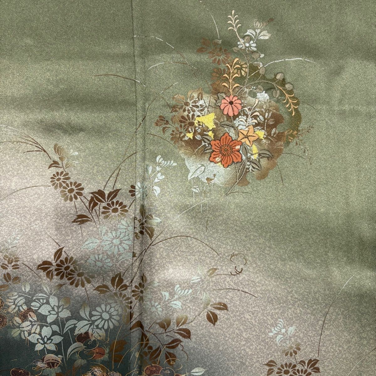 RY　未着用　ロング丈小紋　裄68.5　紬　雪輪　刺し子&名古屋帯 付下げ 身丈158cm 裄丈66.5cm M 袷 ますいわ屋 菊 雪輪 金銀彩 刺繍 灰