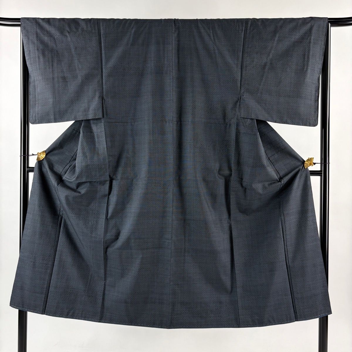 男着物 身丈149 cm 裄丈66 L 袷 アンサンブル 大島紬 幾何学 青黒 正絹 秀品