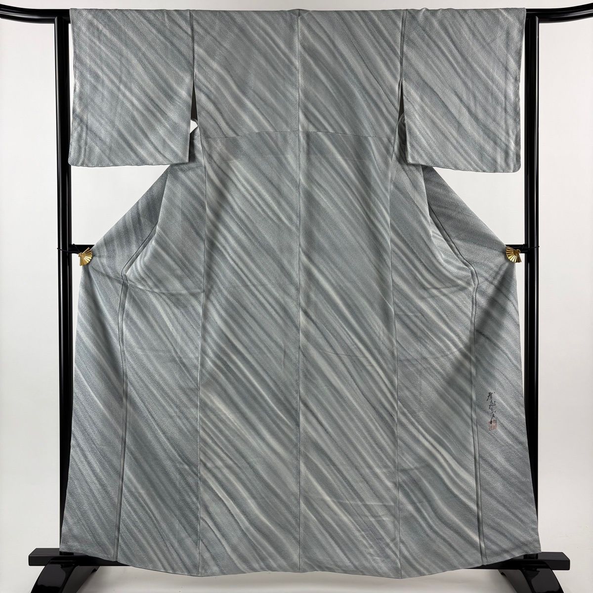 小紋 身丈162 cm 裄丈63 S 袷 斉藤三才 落款 斜縞 地紋 灰色 正絹 秀品