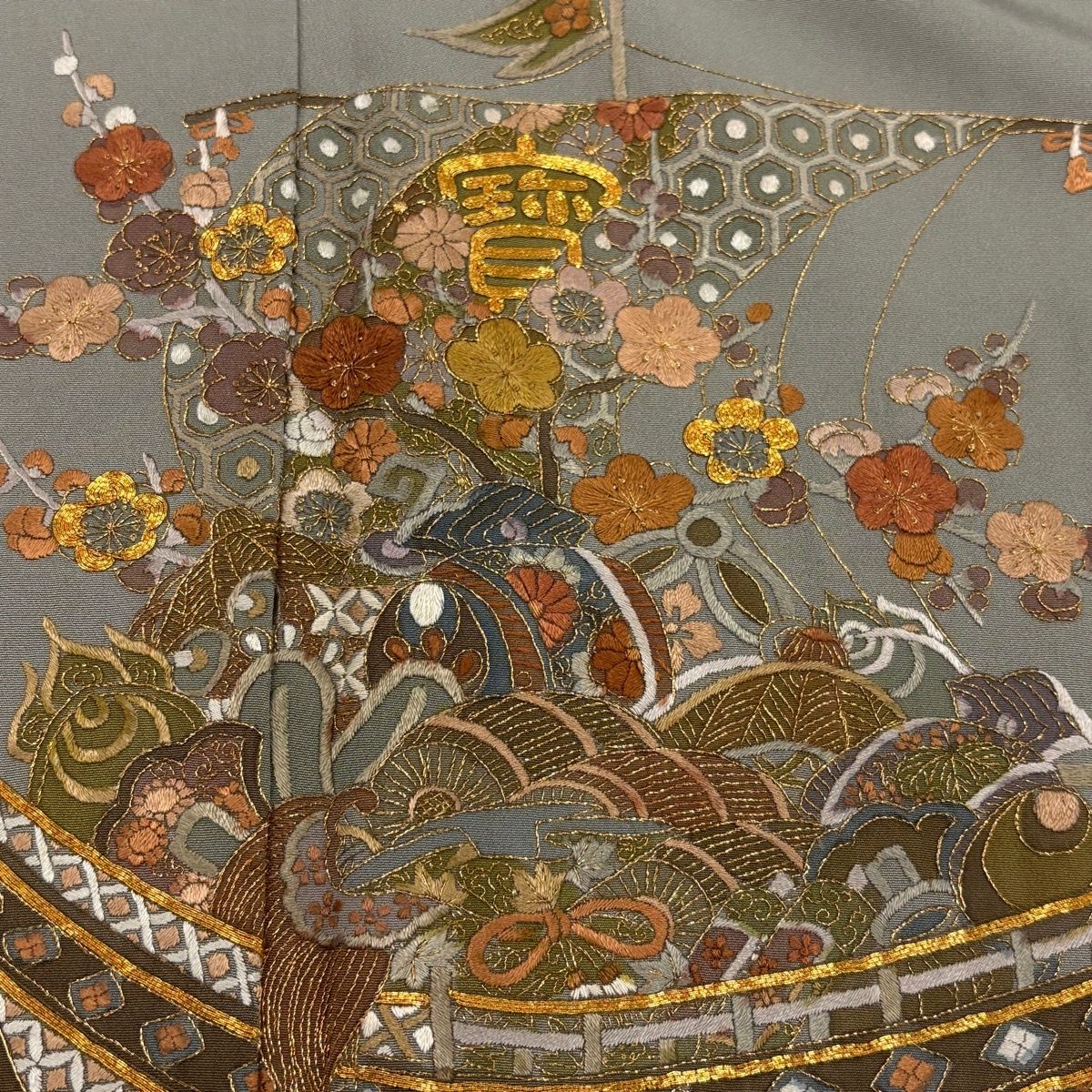  色留袖 身丈165 cm 裄丈67 5 L 袷 宝船 枝梅 刺繍 金糸 灰色 正絹 秀品 一つ紋 色留袖 着物