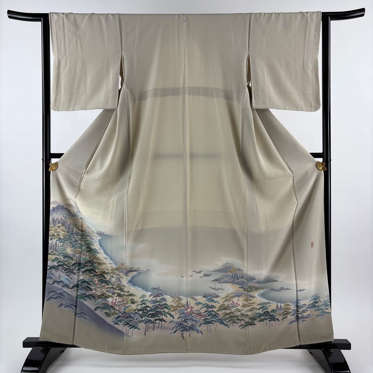 色留袖 身丈162 cm 裄丈63 S 袷 阿部佳雪 落款 海辺の風景 九十九湾 ベージュ 正絹 秀品 三つ紋