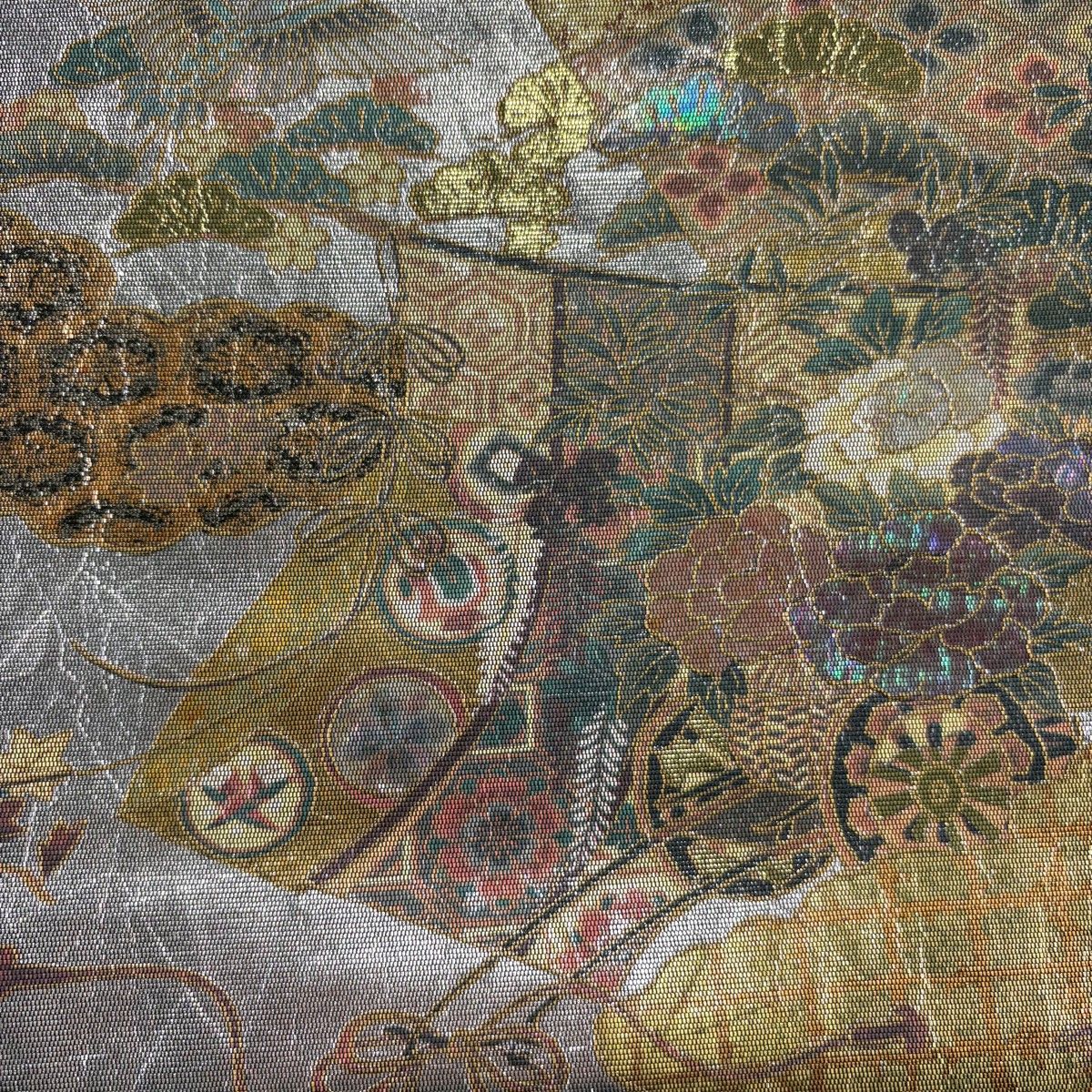 袋帯 秀品 花車 几帳 箔 螺鈿 銀色 お太鼓柄 正絹 【中古】 - メルカリ