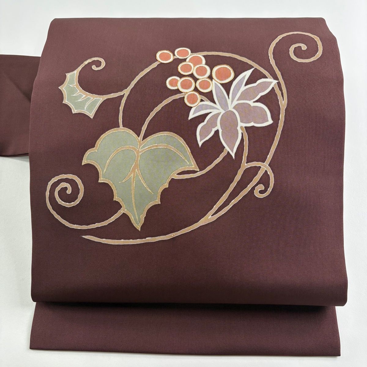 名古屋帯 秀品 葉と実 金糸 金彩 茶紫 正絹