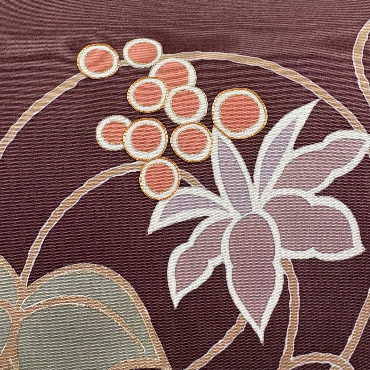 名古屋帯 秀品 葉と実 金糸 金彩 茶紫 正絹