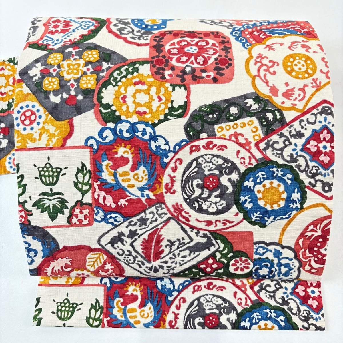 名古屋帯 秀品 紬地 華文 鳥 クリーム 正絹