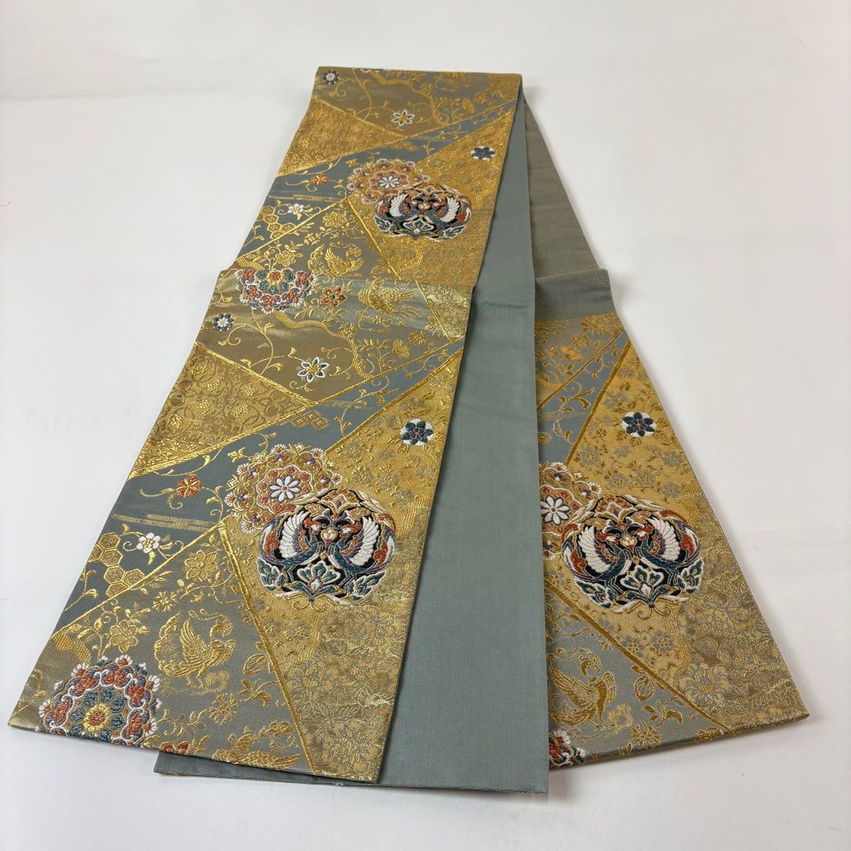 美品】 袋帯 秀品 向かい鳥 華文 金糸 箔 青灰色 六通 正絹 【中古