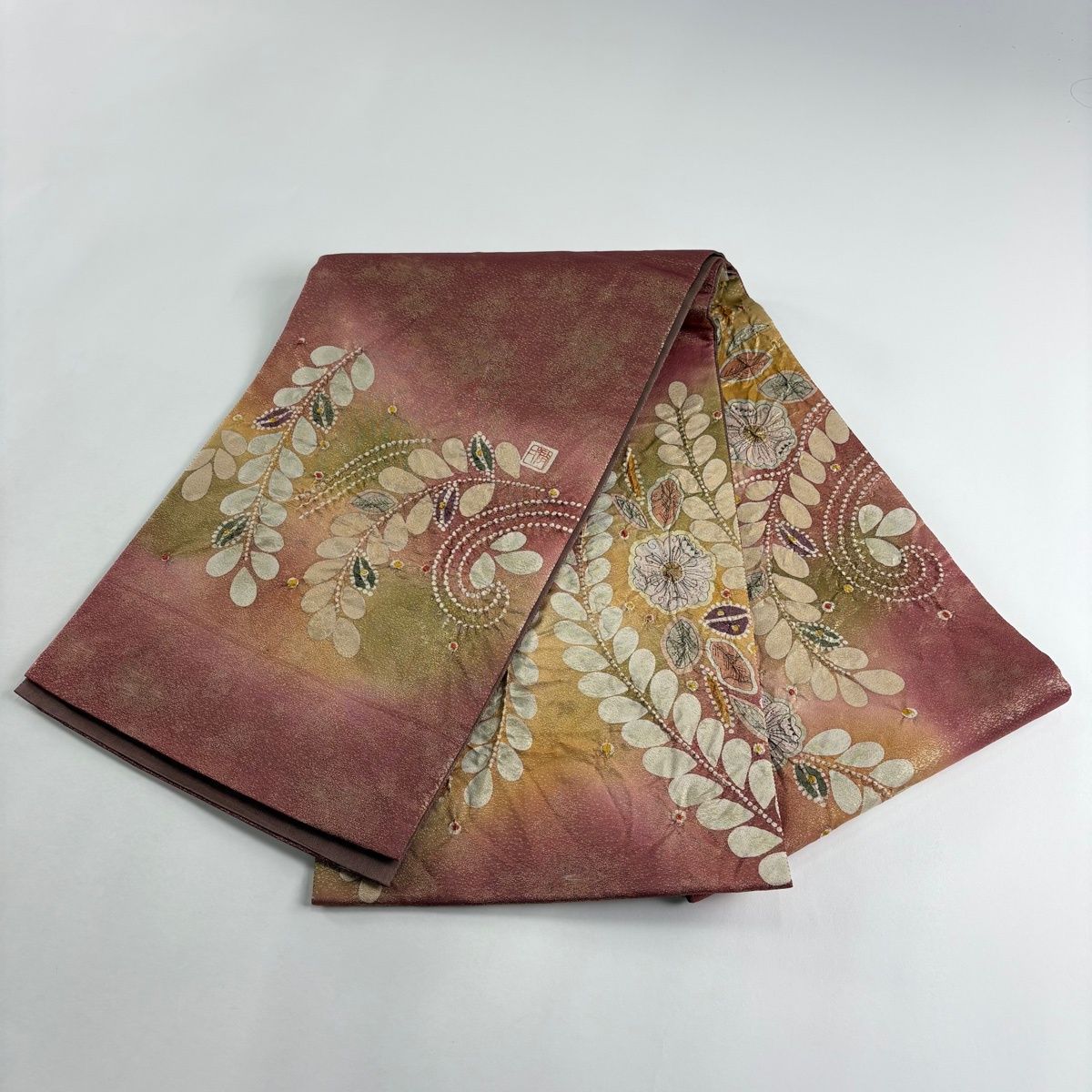 袋帯 秀品 落款 辻が花 ぼかし 箔 小豆色 お太鼓柄 正絹 【中古