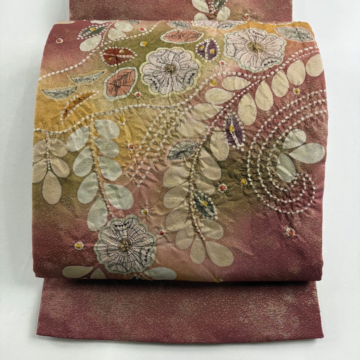 袋帯 秀品 落款 辻が花 ぼかし 箔 小豆色 お太鼓柄 正絹 【中古