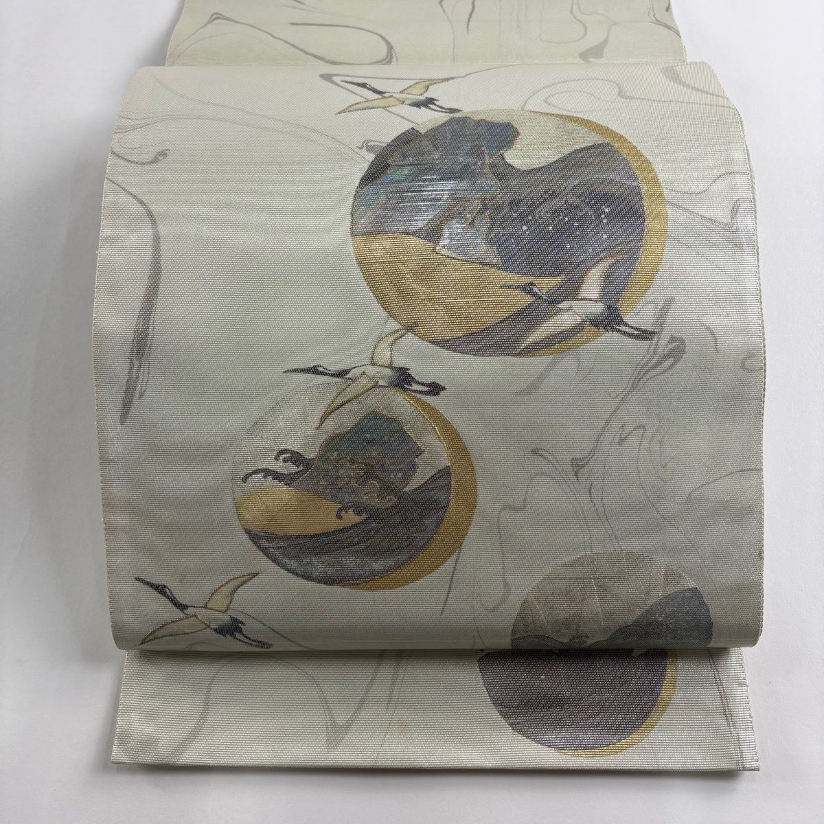 袋帯 秀品 鶴 墨流し 螺鈿箔 薄緑 お太鼓柄 正絹 【中古】 - メルカリ