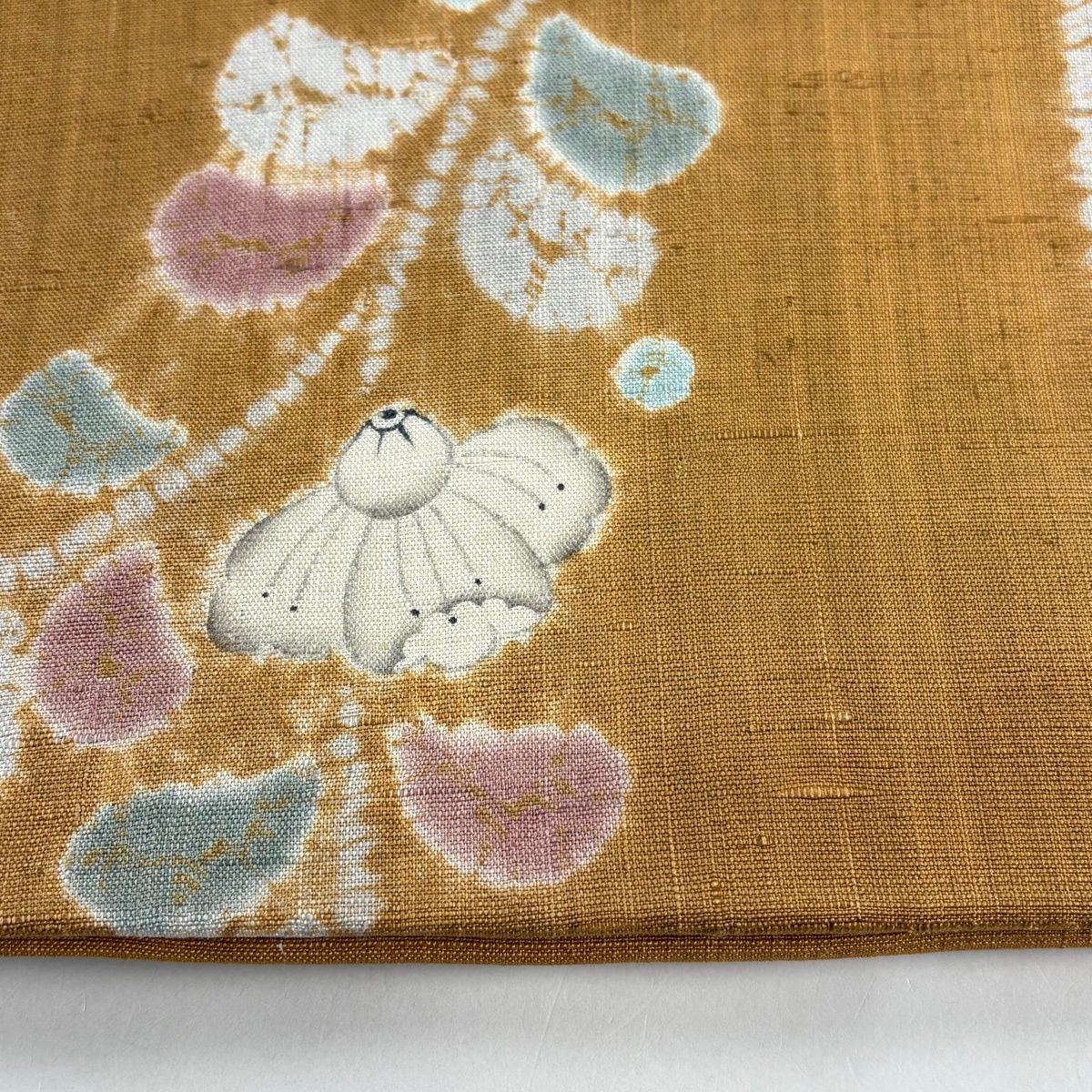 袋帯 逸品 福村廣利 落款 紬地 椿 桜 山吹茶色 お太鼓柄 正絹 【中古