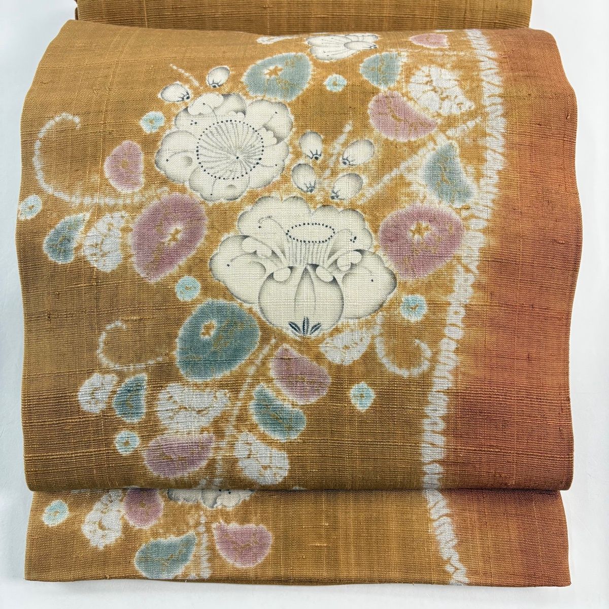 袋帯 逸品 福村廣利 落款 紬地 椿 桜 山吹茶色 お太鼓柄 正絹 【中古