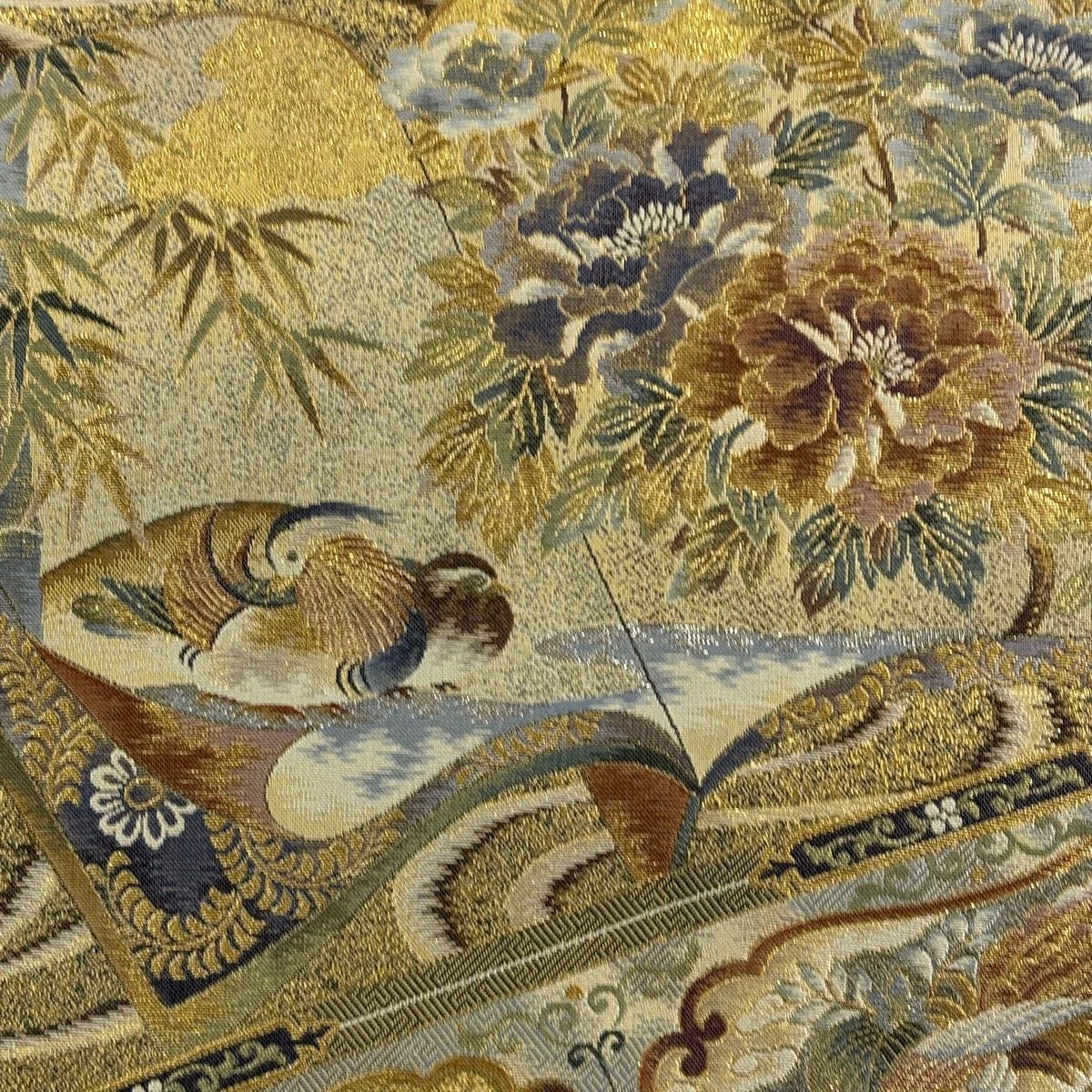 丸帯 プラチナ本金箔壱阡八百口織 温故知新 鳥 草花 箔 金糸 金色 お太鼓柄 正絹