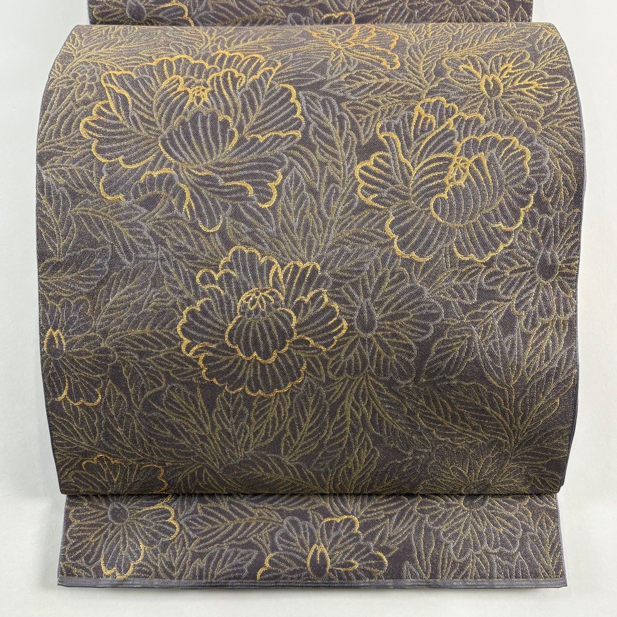 袋帯 逸品 川島織物 落款 関西仕立て 牡丹 金糸 箔 灰紫 六通 正絹