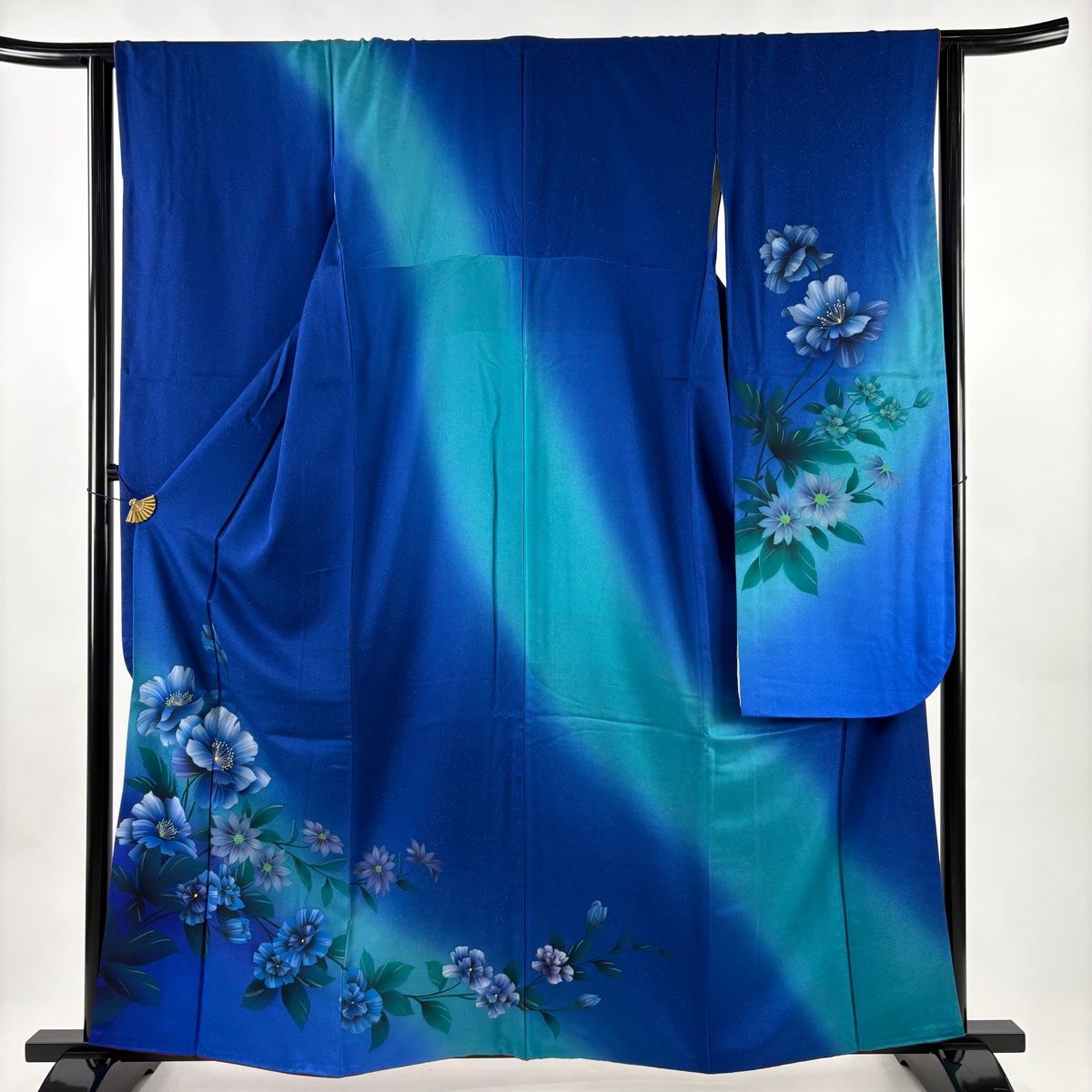 ‪‪❤︎‬ スカイブルー 吉祥 花々柄 振袖 身丈156 振袖 身丈161cm 裄丈64cm M 袷 草花 銀通し ぼかし 青 正絹 名品