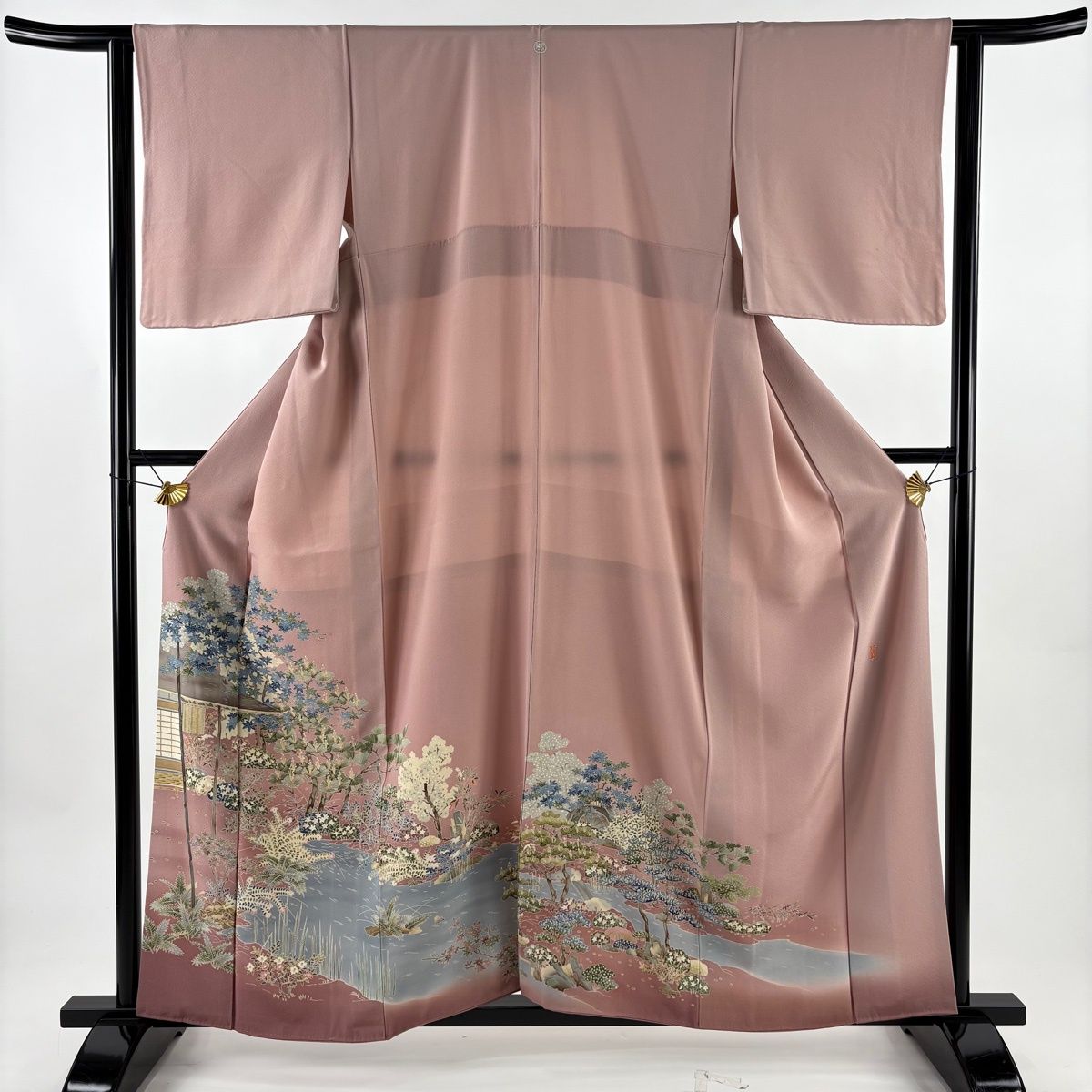 色留袖 身丈159 cm 裄丈62 S 袷 柿本市郎 落款 家屋 松 ぼかし ピンク 正絹 一つ紋