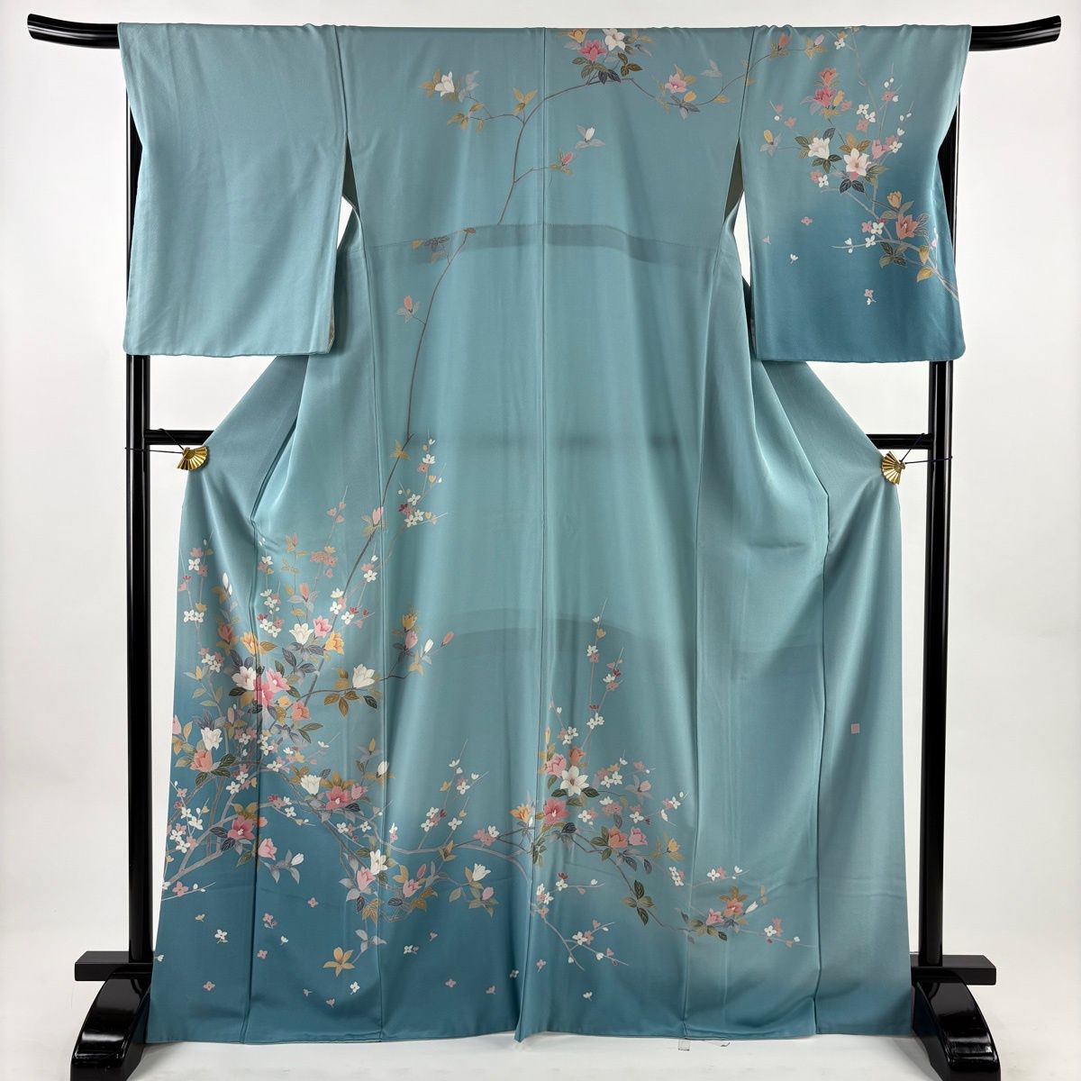 訪問着 身丈168cm 裄丈68.5cm L 袷 落款 枝花 染め分け ぼかし 水色