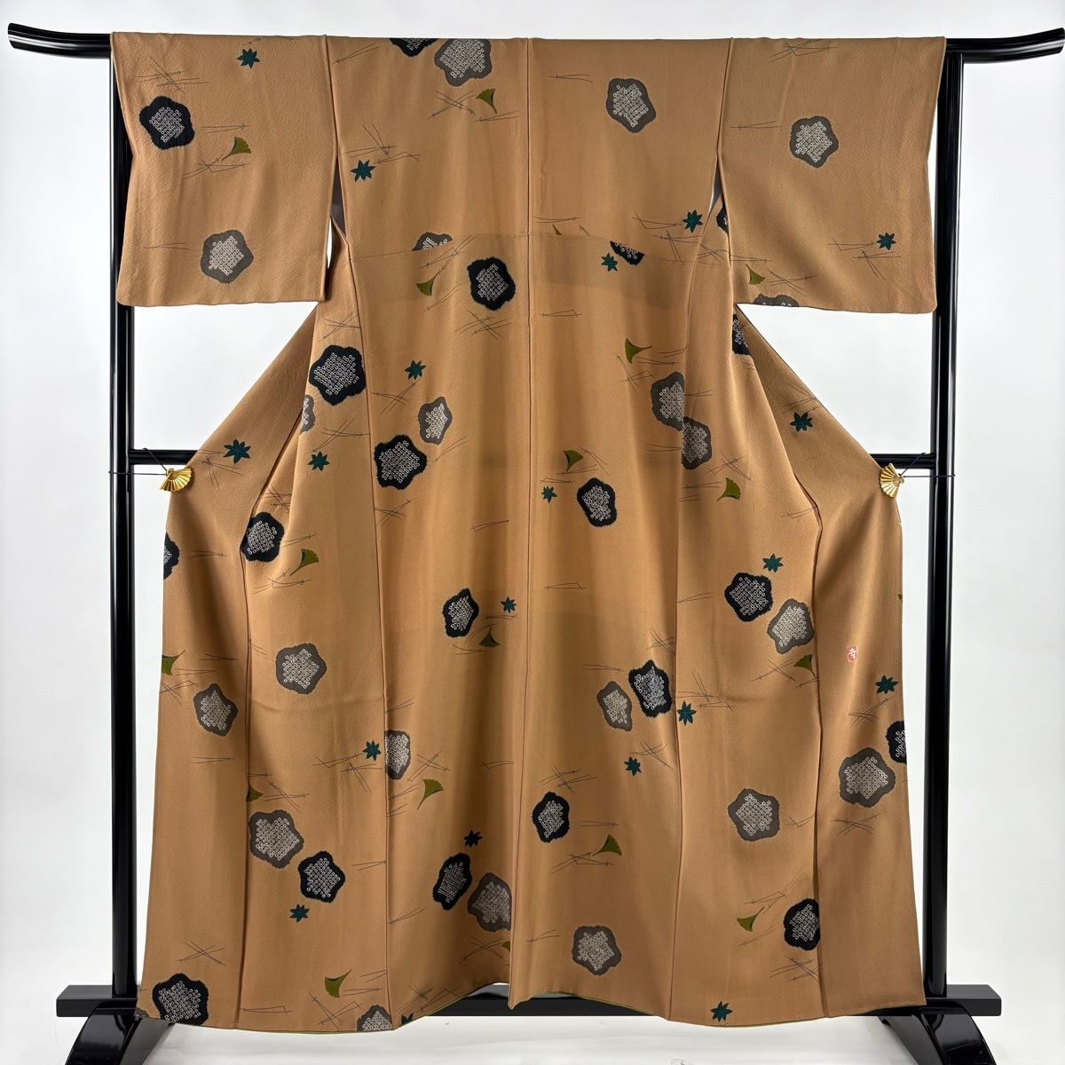 小紋 身丈159cm 裄丈64.5cm M 袷 花井幸子 落款 吹き寄せ 梅 薄茶色