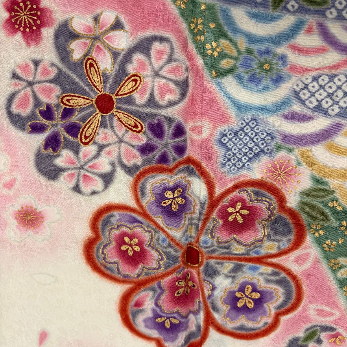 振袖 身丈161.5cm 裄丈67cm M 袷 桜 流水 金彩 染め分け クリーム 正絹