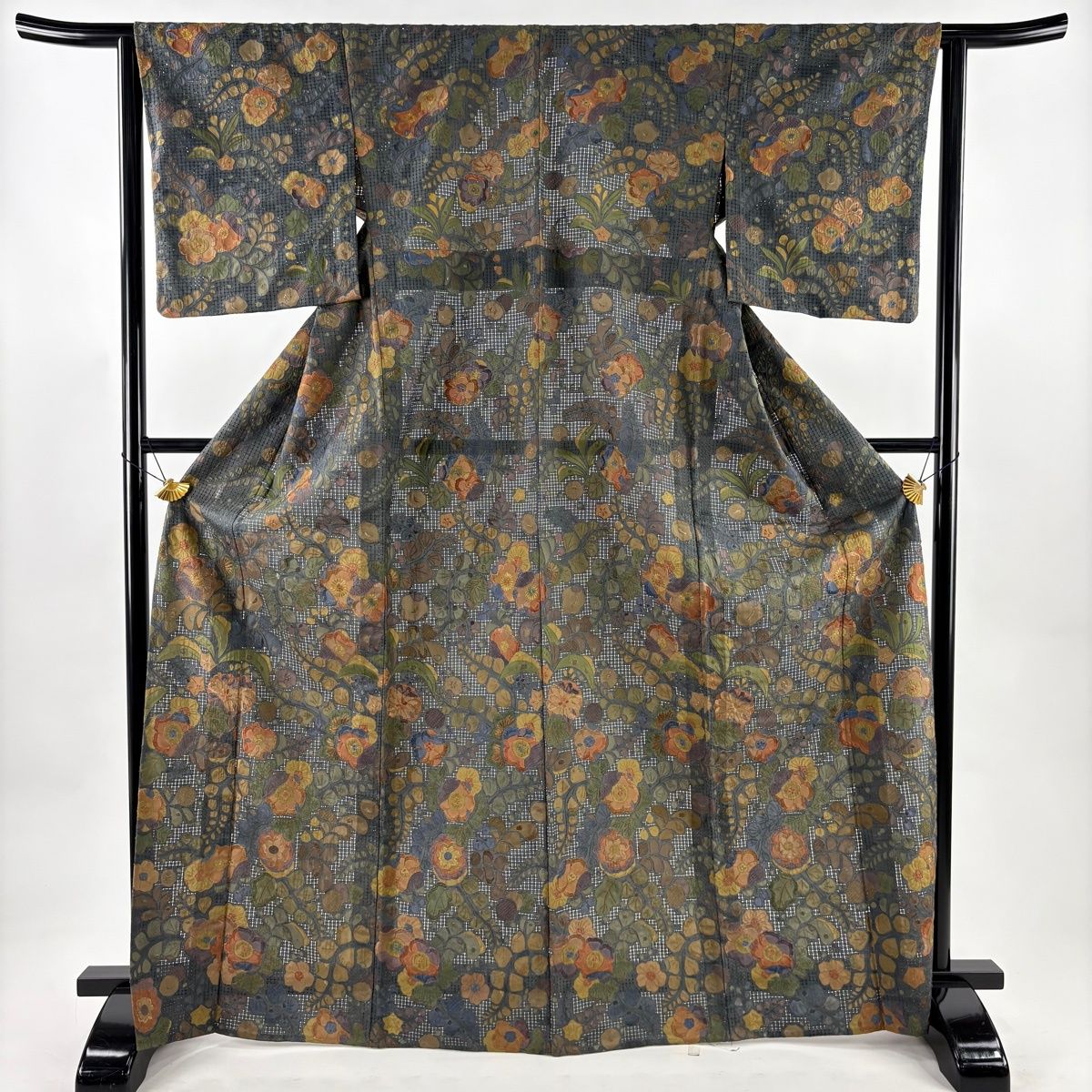 小紋 身丈169 5 cm 裄丈64 M 薄物 大島紬地 バチ衿 証紙 草花 刺繍 青灰色 正絹