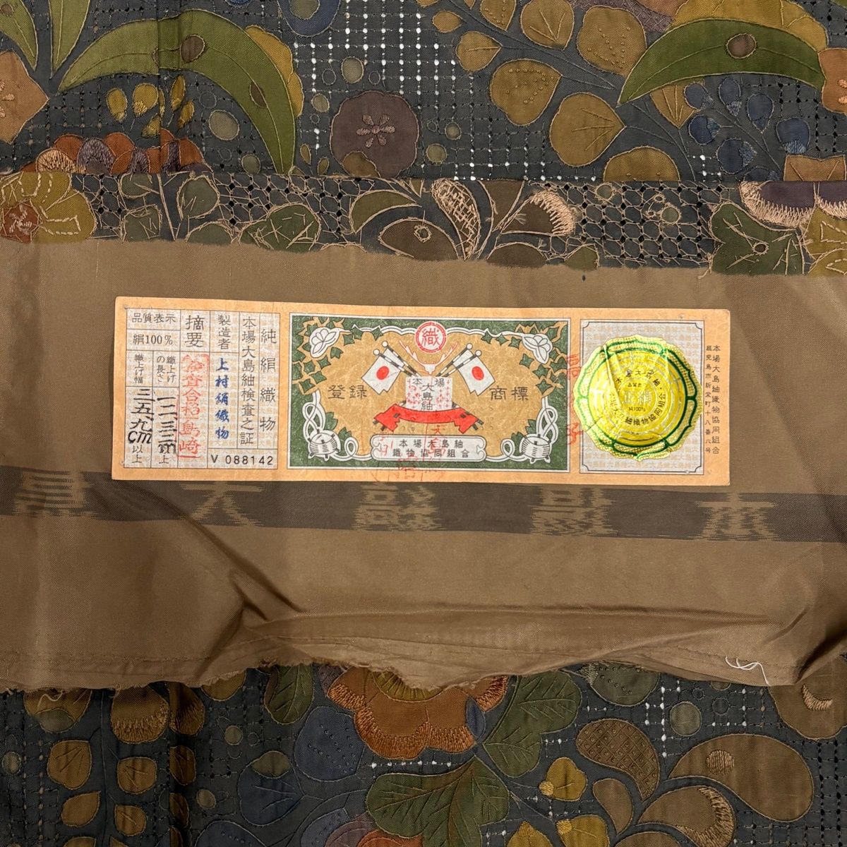  小紋 身丈169 5 cm 裄丈64 M 薄物 大島紬地 バチ衿 証紙 草花 刺繍 青灰色 正絹 小紋 着物