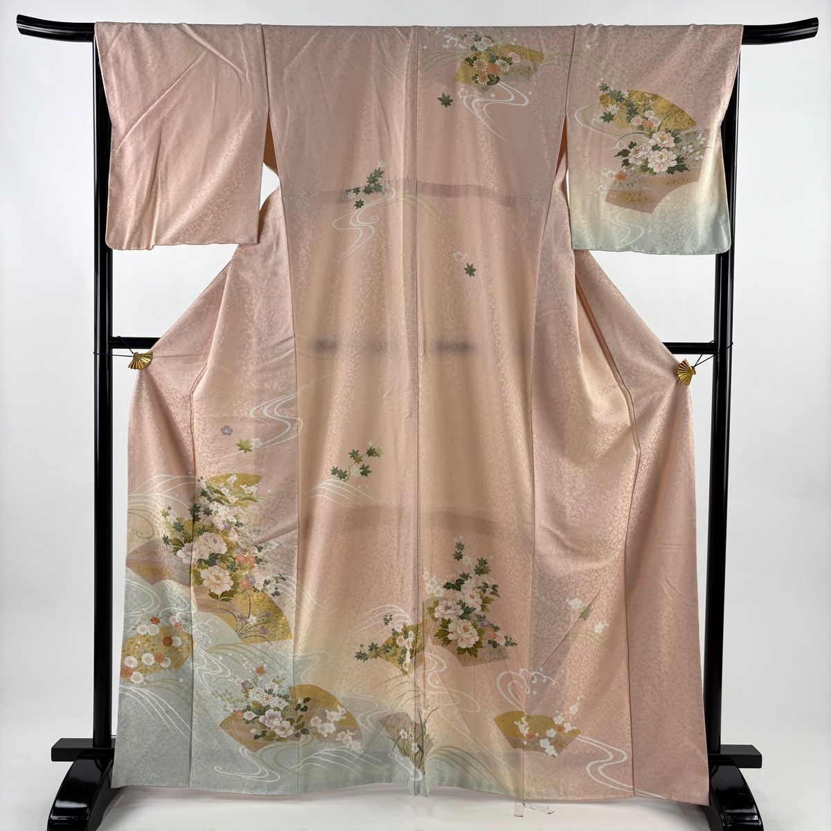 訪問着 身丈164.5cm 裄丈68cm L 袷 扇面 牡丹 金彩 染め分け 薄ピンク