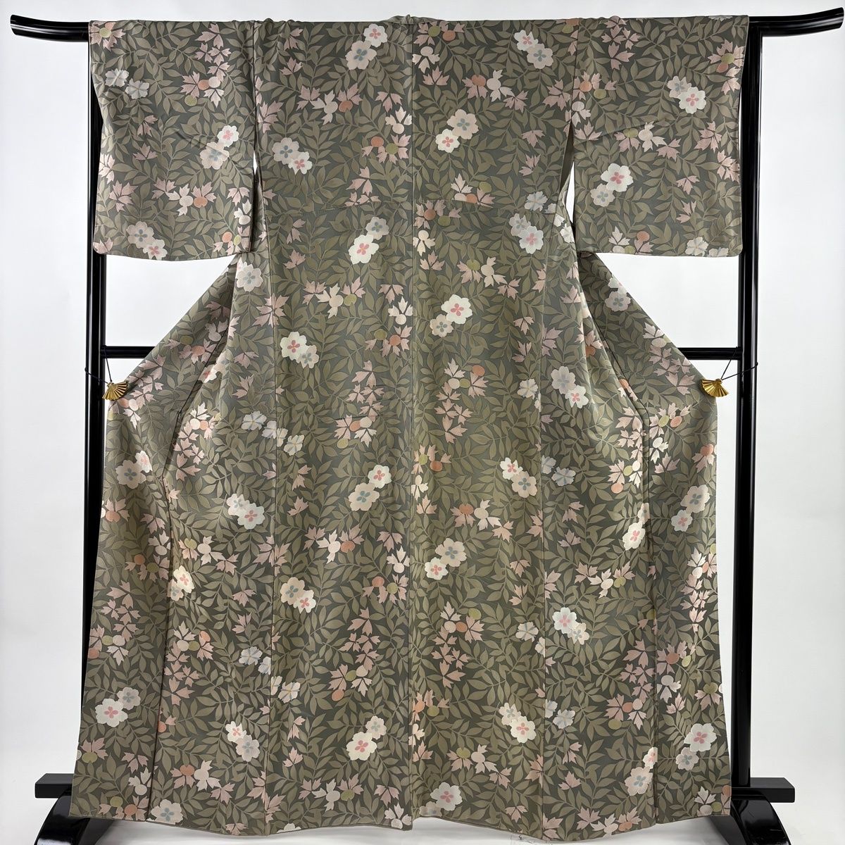 小紋 身丈164 cm 裄丈66 M 袷 草花 灰茶 正絹