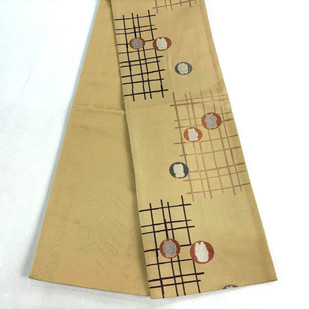 半幅帯 優品 格子 丸文 ベージュ 正絹