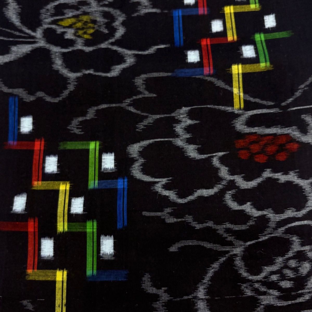  反物 久留米かすり 証紙 花 幾何学 黒 綿 その他 着物反物