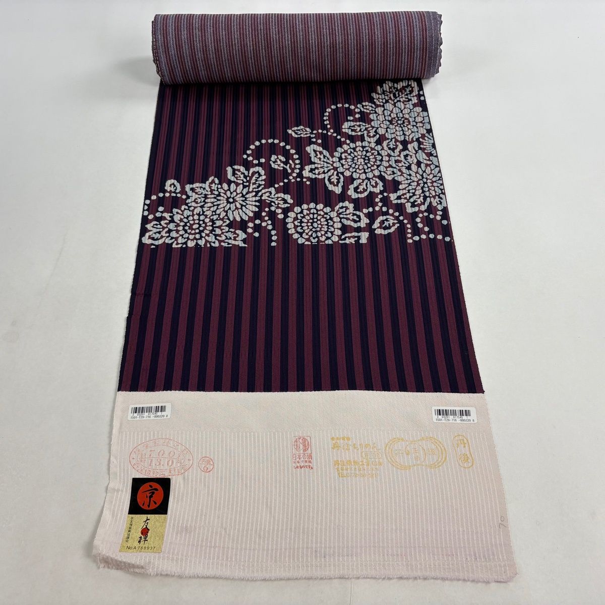 反物 付下げ 縦縞 花唐草 縮緬 紫 正絹