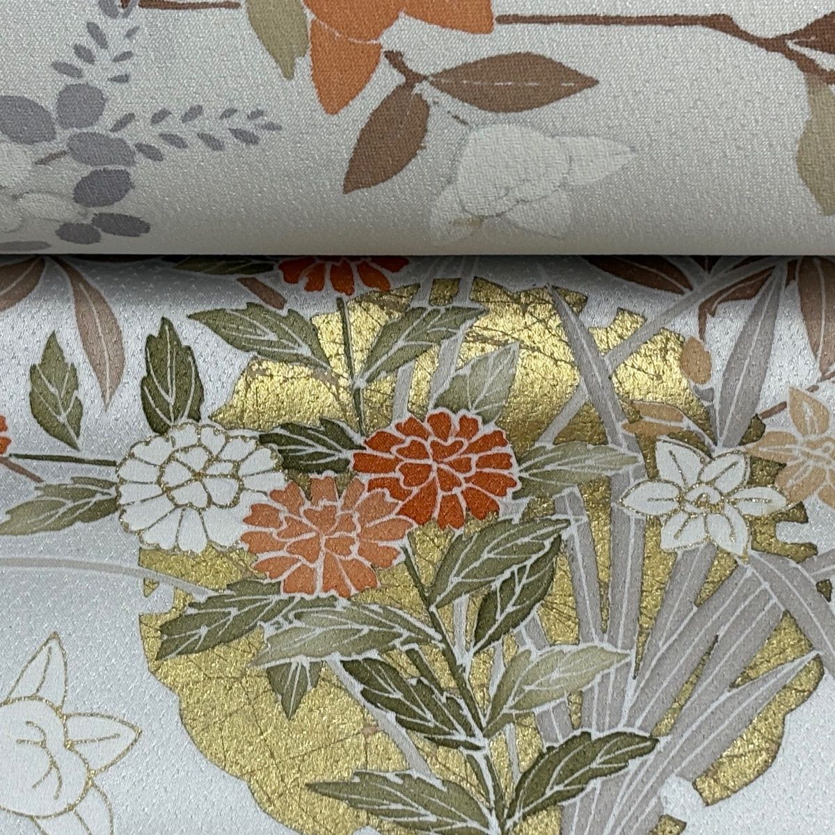  反物 付下げ 落款 枝花 雪輪 金彩 灰白 正絹 その他 着物反物