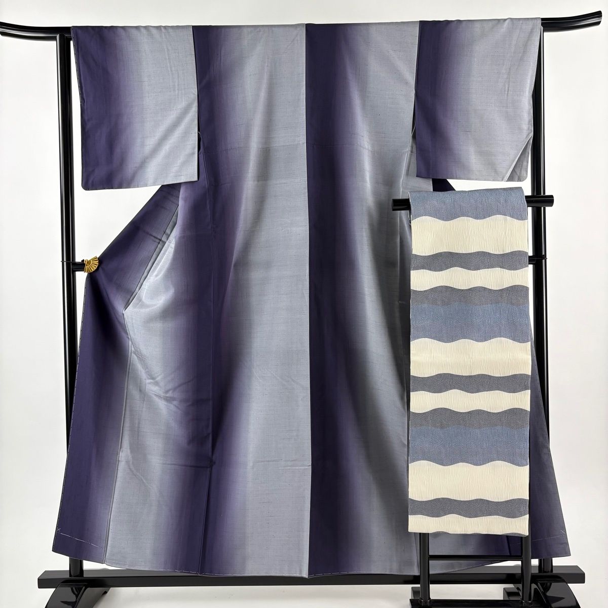 【美品】 紬 身丈157cm 裄丈64cm M 袷 名古屋帯セット 縦ぼかし 紫 正絹 秀品 【】