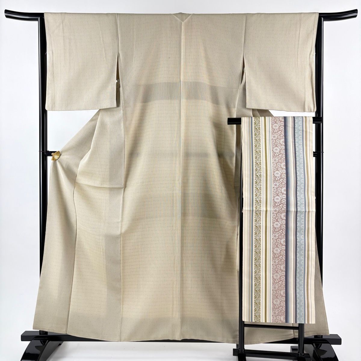 小紋 身丈160.5 cm 裄丈64 M 袷 名古屋帯セット 縞 ドット ベージュ 正絹