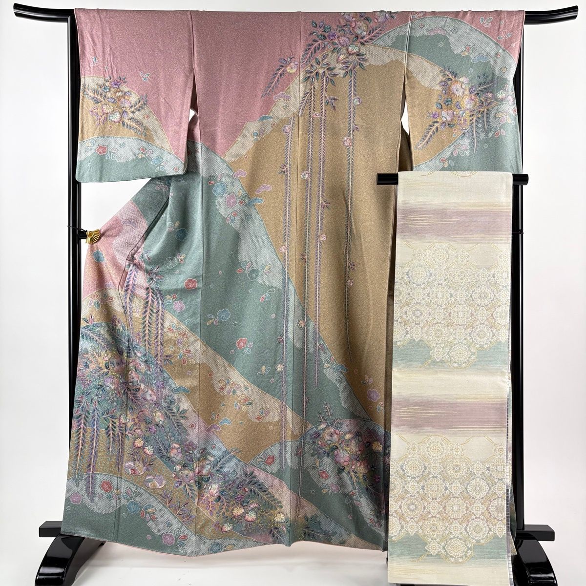 美品】 訪問着 身丈163.5cm 裄丈65cm M 袷 袋帯セット 辻が花 鴛鴦