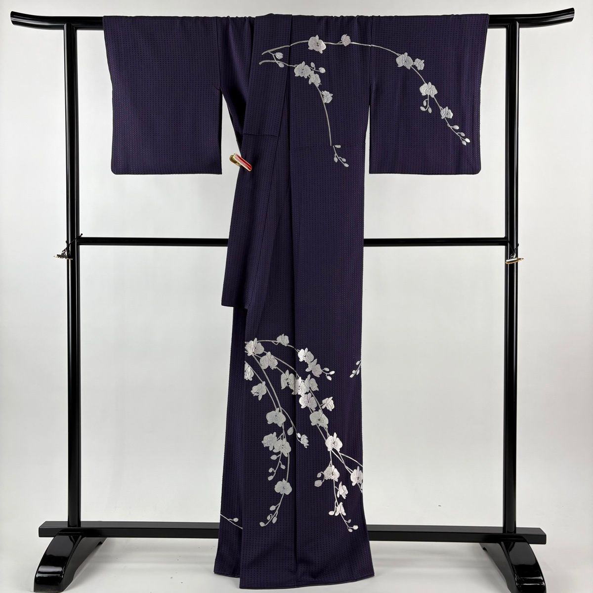 訪問着 身丈166cm 裄丈67cm M 袷 胡蝶蘭 刺繍 汕頭刺繍 紫 正絹 逸品
