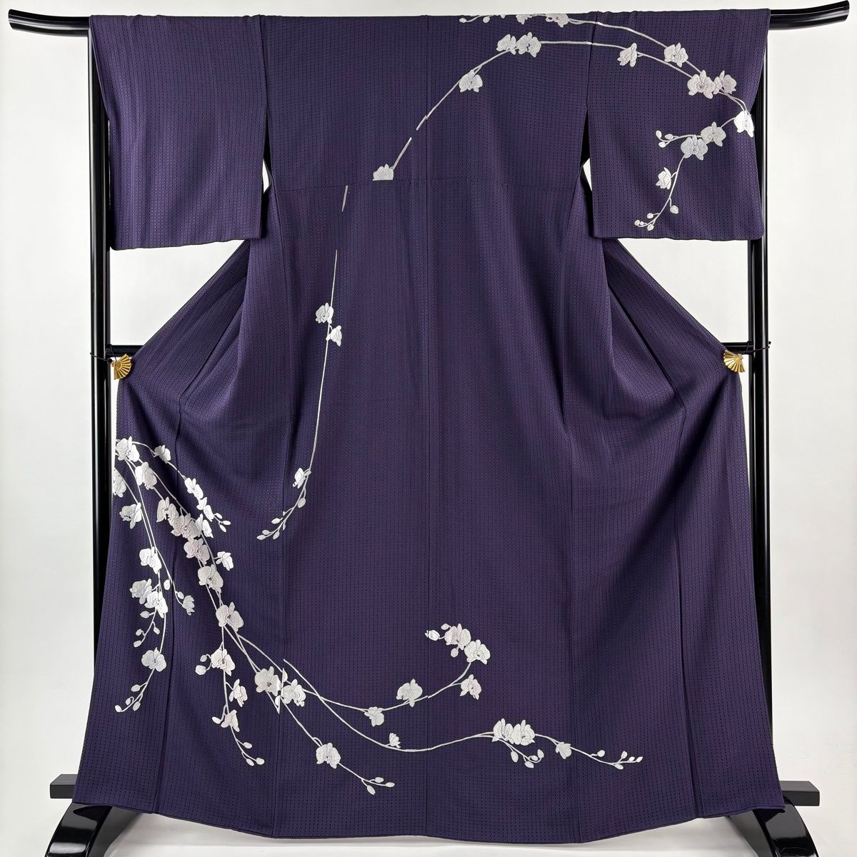 訪問着 身丈166cm 裄丈67cm M 袷 胡蝶蘭 刺繍 汕頭刺繍 紫 正絹 逸品