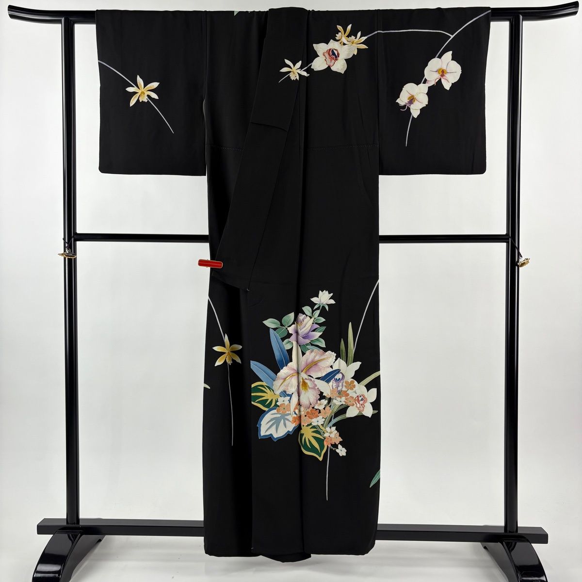 訪問着 身丈156cm 裄丈63cm S 袷 大羊居 落款 草花 刺繍 金銀糸 黒