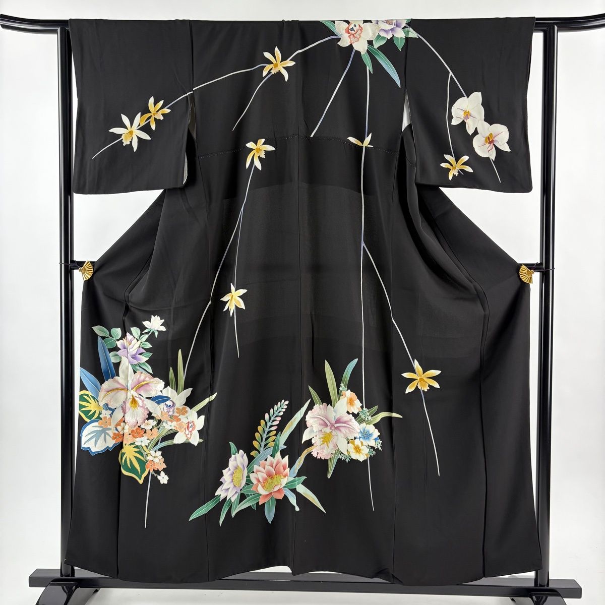 訪問着 身丈156cm 裄丈63cm S 袷 大羊居 落款 草花 刺繍 金銀糸 黒