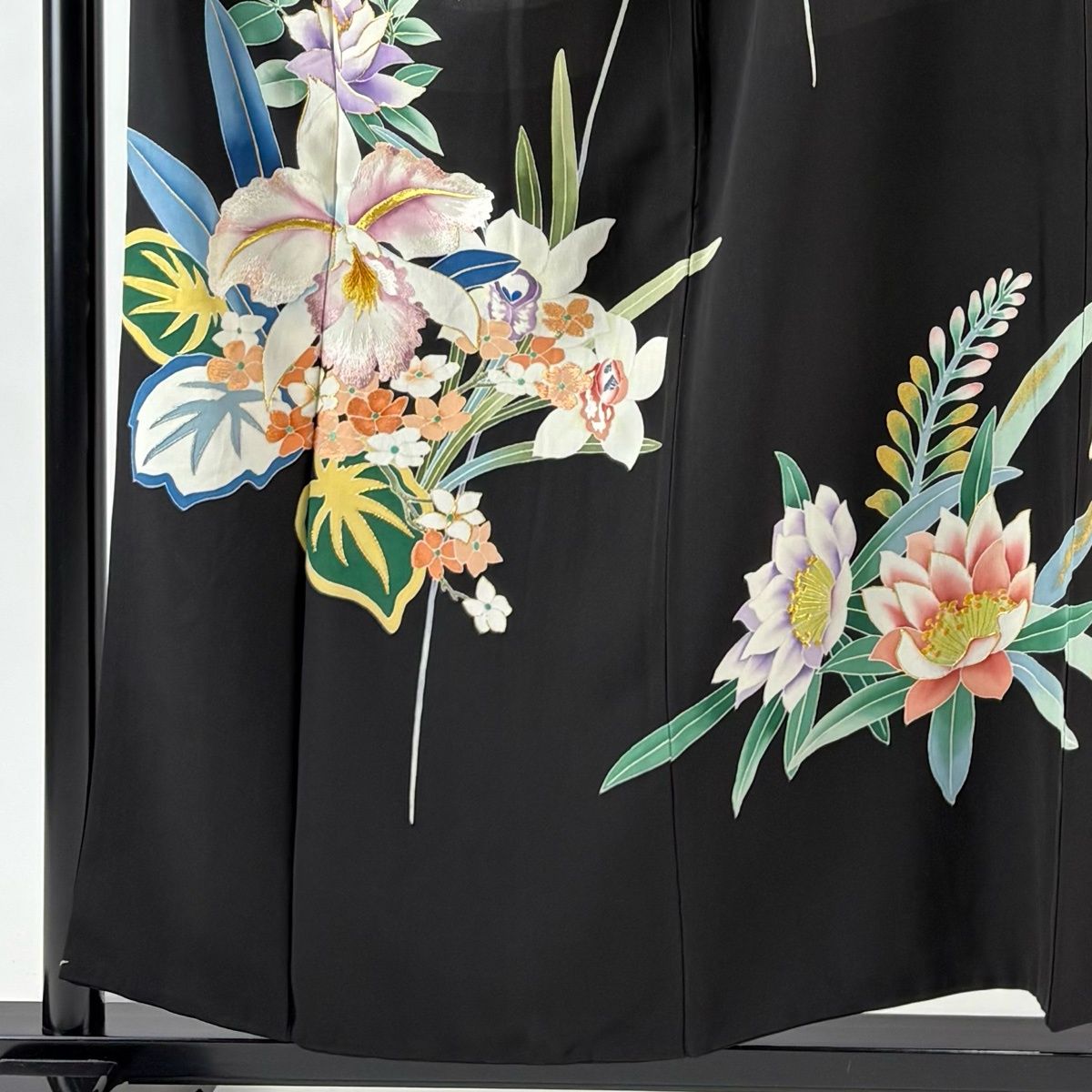 訪問着 身丈156cm 裄丈63cm S 袷 大羊居 落款 草花 刺繍 金銀糸 黒