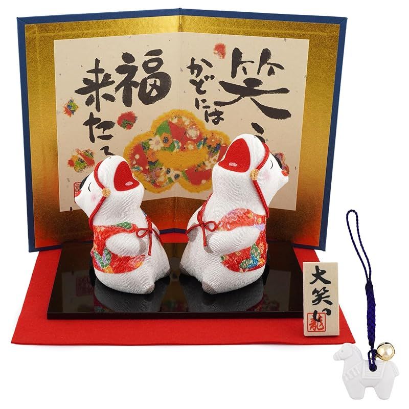 リュウコドウ 龍虎堂 大笑い親子 午 屏風付き 吉祥窯謹製 干支ストラップ付き 和雑貨 お正月 干支 午年 令和8年 2026年 置物 縁起物 開運 ちりめん うま年 R-32