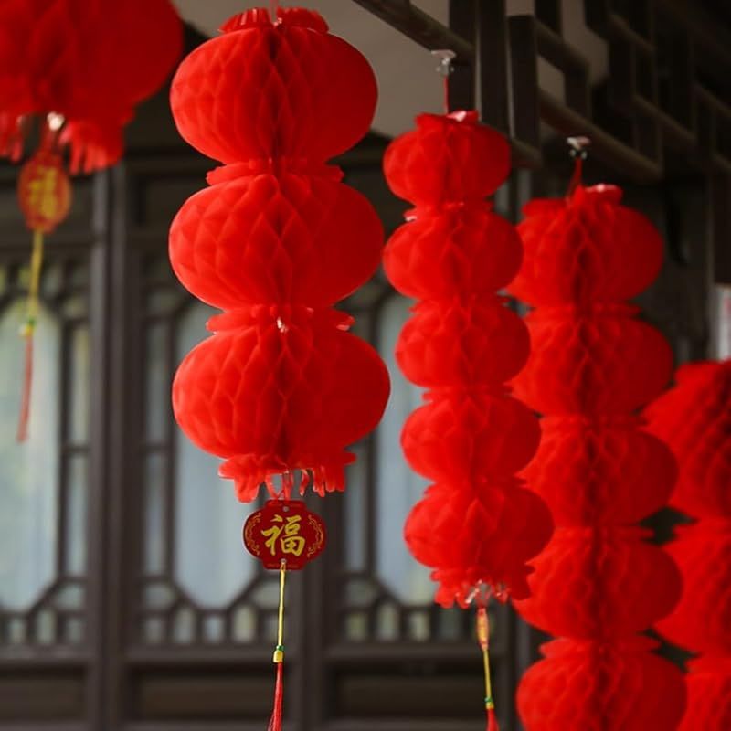 ✪ペーパーランタン 提灯 赤 8本 お正月 春節 5連 吊り下げ お祝い 新品】 DIFEIUKI 中華提灯 5連デザイン 10本セット 提灯の列 吊り下げ