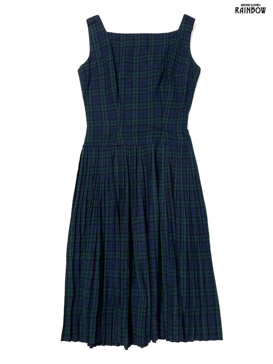 古着 チェック柄 ウール ロング丈 ノースリーブ ワンピース ダークグリーン 紺 otu 2508081